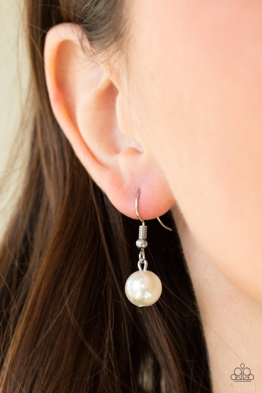 One-WOMAN Show White Pearl Necklace - Paparazzi Accessories - free matching earrings -CarasShop.com - Paparazzi Jewelry by Cara Jewels