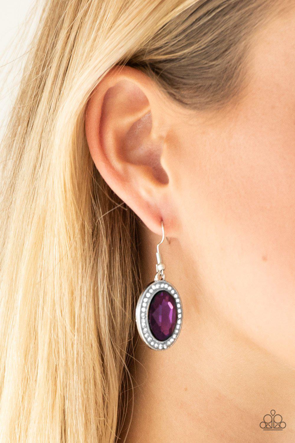 Only Fame In Town Purple Gem Earrings - Paparazzi Accessories- on model - CarasShop.com - Paparazzi Jewelry by Cara Jewels