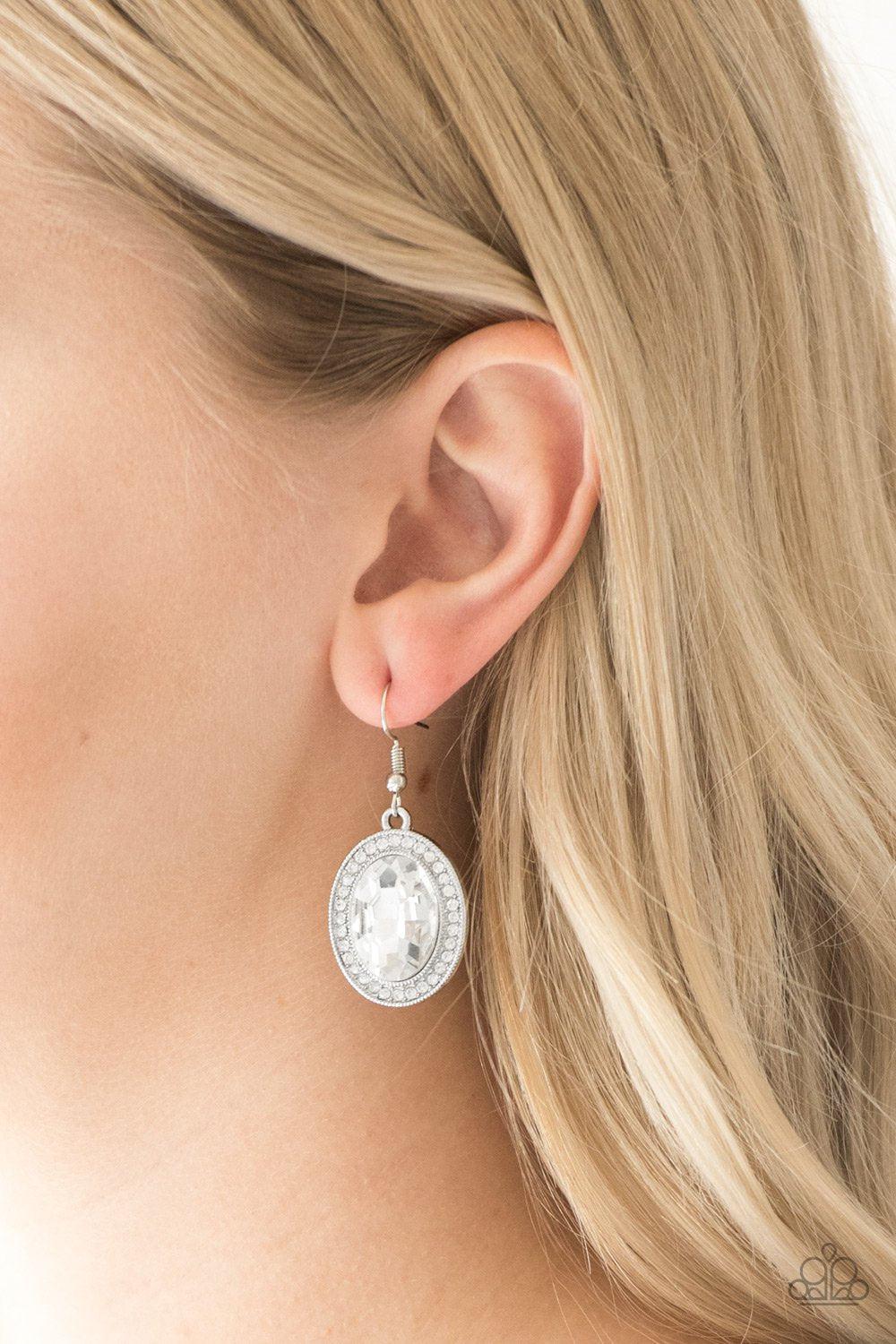 Only FAME In Town White Rhinestone Earrings - Paparazzi Accessories- on model - CarasShop.com - Paparazzi Jewelry by Cara Jewels