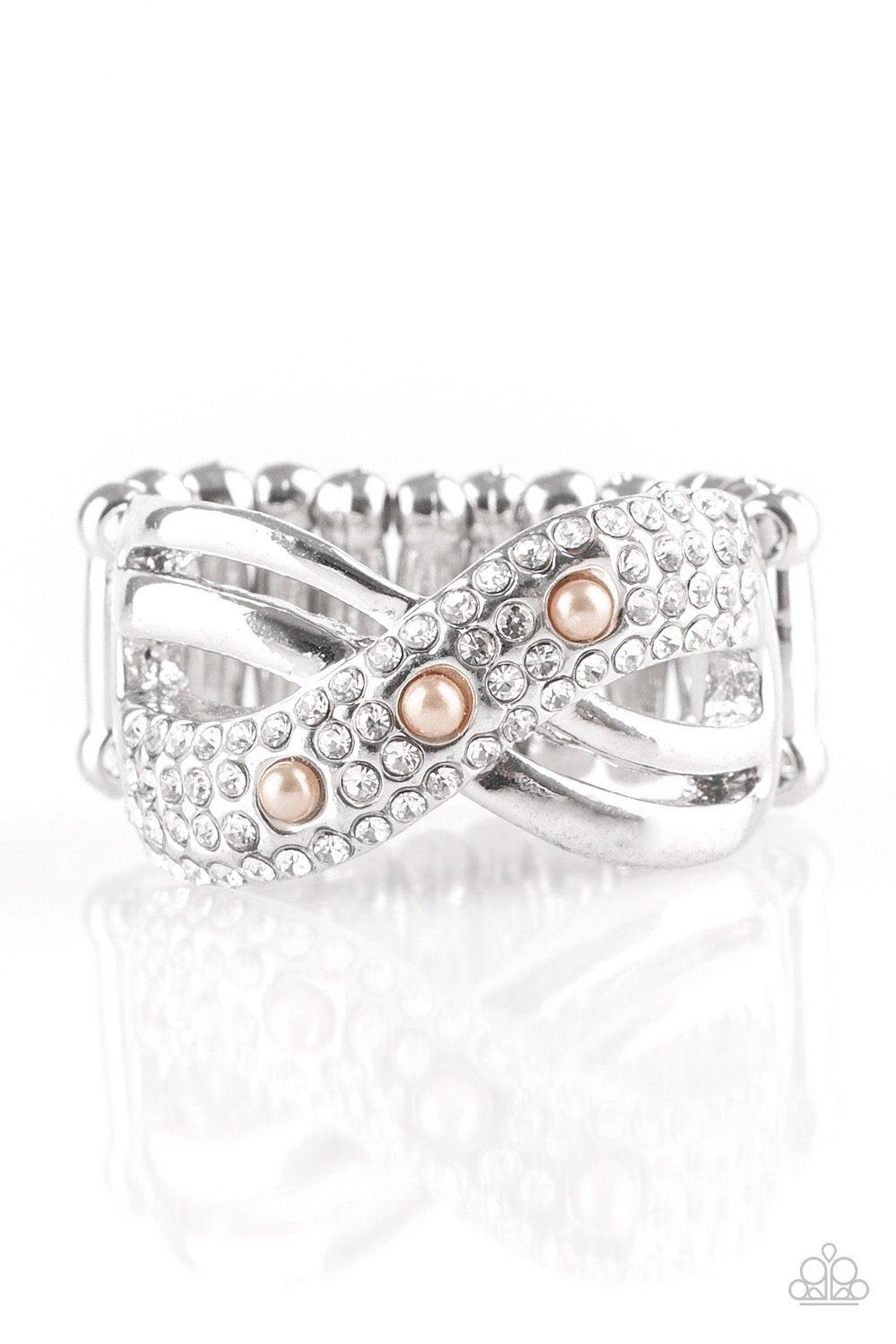Onstage Opulence White Rhinestone and Brown Pearl Ring - Paparazzi Accessories- on model - CarasShop.com - Paparazzi Jewelry by Cara Jewels