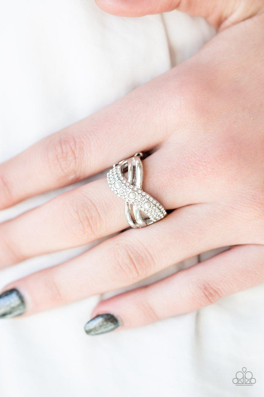 Onstage Opulence White Rhinestone and Pearl Ring - Paparazzi Accessories- lightbox - CarasShop.com - Paparazzi Jewelry by Cara Jewels