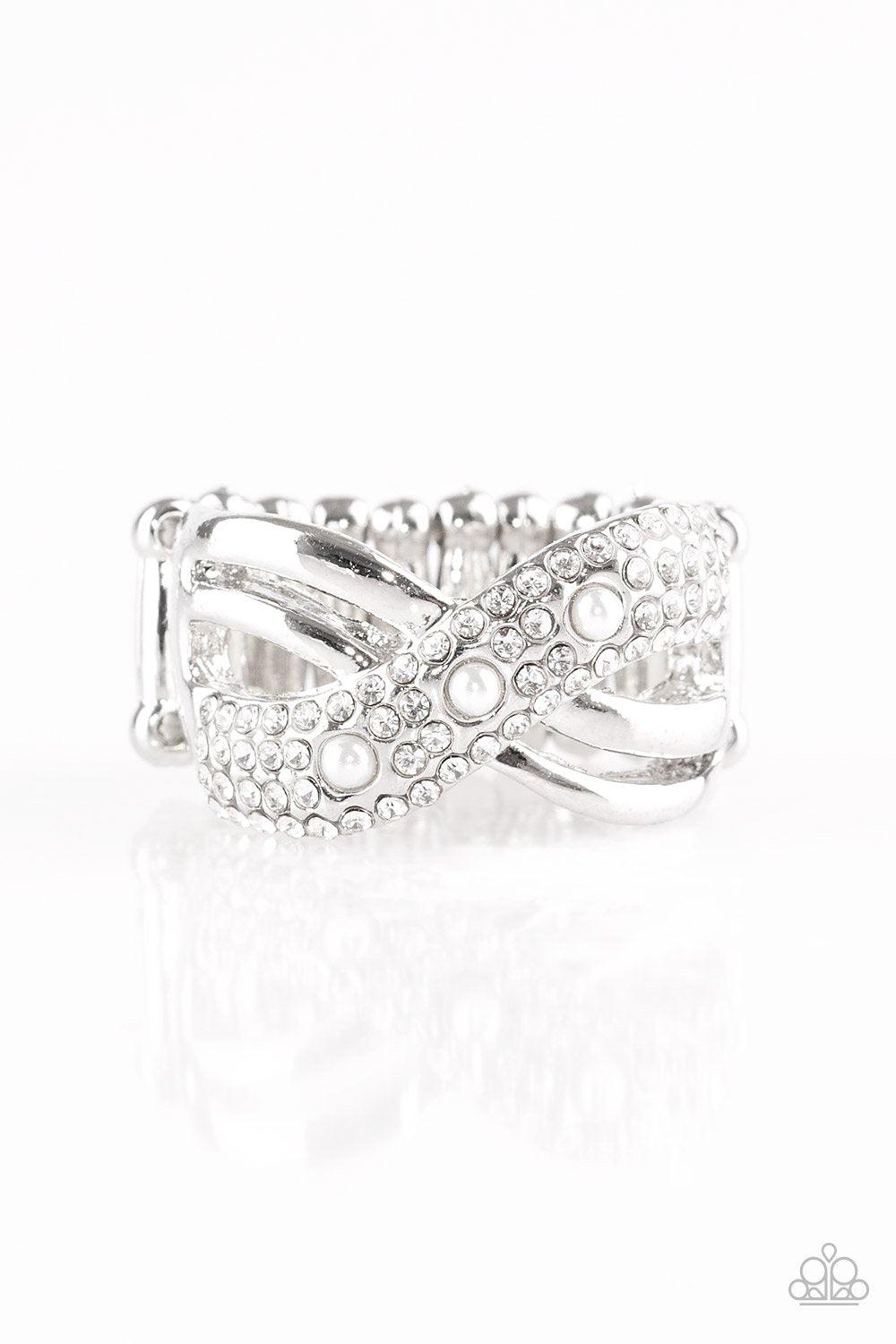 Onstage Opulence White Rhinestone and Pearl Ring - Paparazzi Accessories- on model - CarasShop.com - Paparazzi Jewelry by Cara Jewels