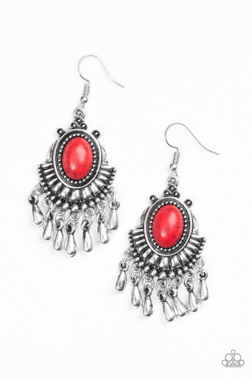 Onward and Westward Red Stone Earrings - Paparazzi Accessories- on model - CarasShop.com - Paparazzi Jewelry by Cara Jewels