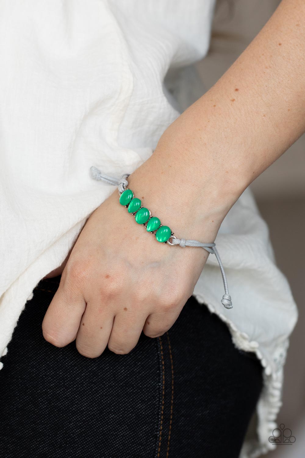 Opal Paradise Green Urban Sliding Knot Bracelet - Paparazzi Accessories- on model - CarasShop.com - Paparazzi Jewelry by Cara Jewels