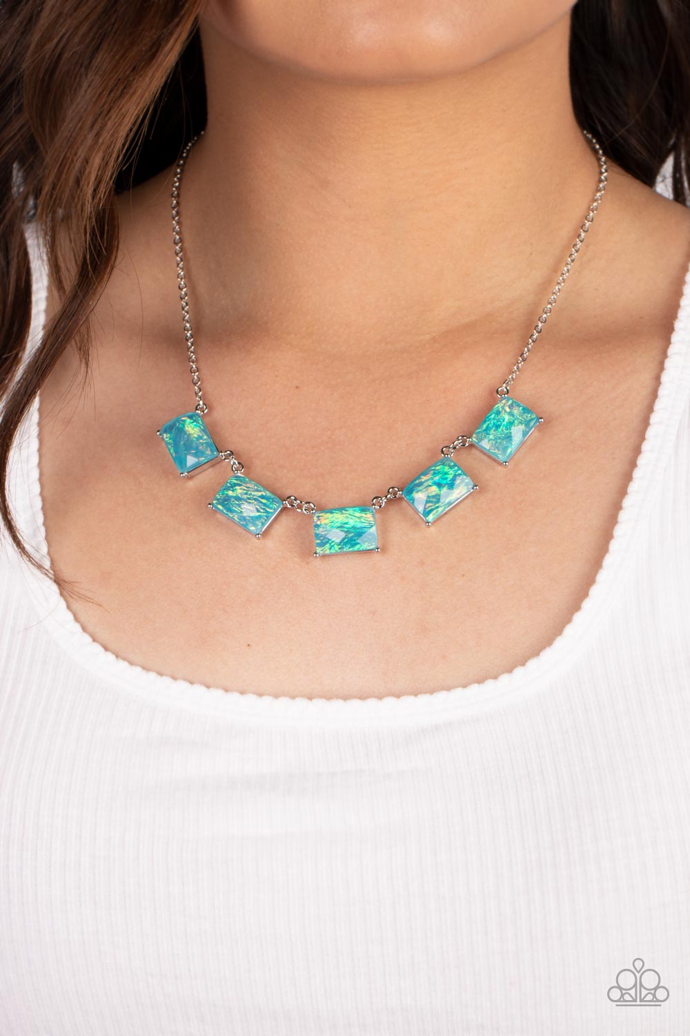 Opalescent Oblivion Blue Necklace - Paparazzi Accessories- on model - CarasShop.com - Paparazzi Jewelry by Cara Jewels