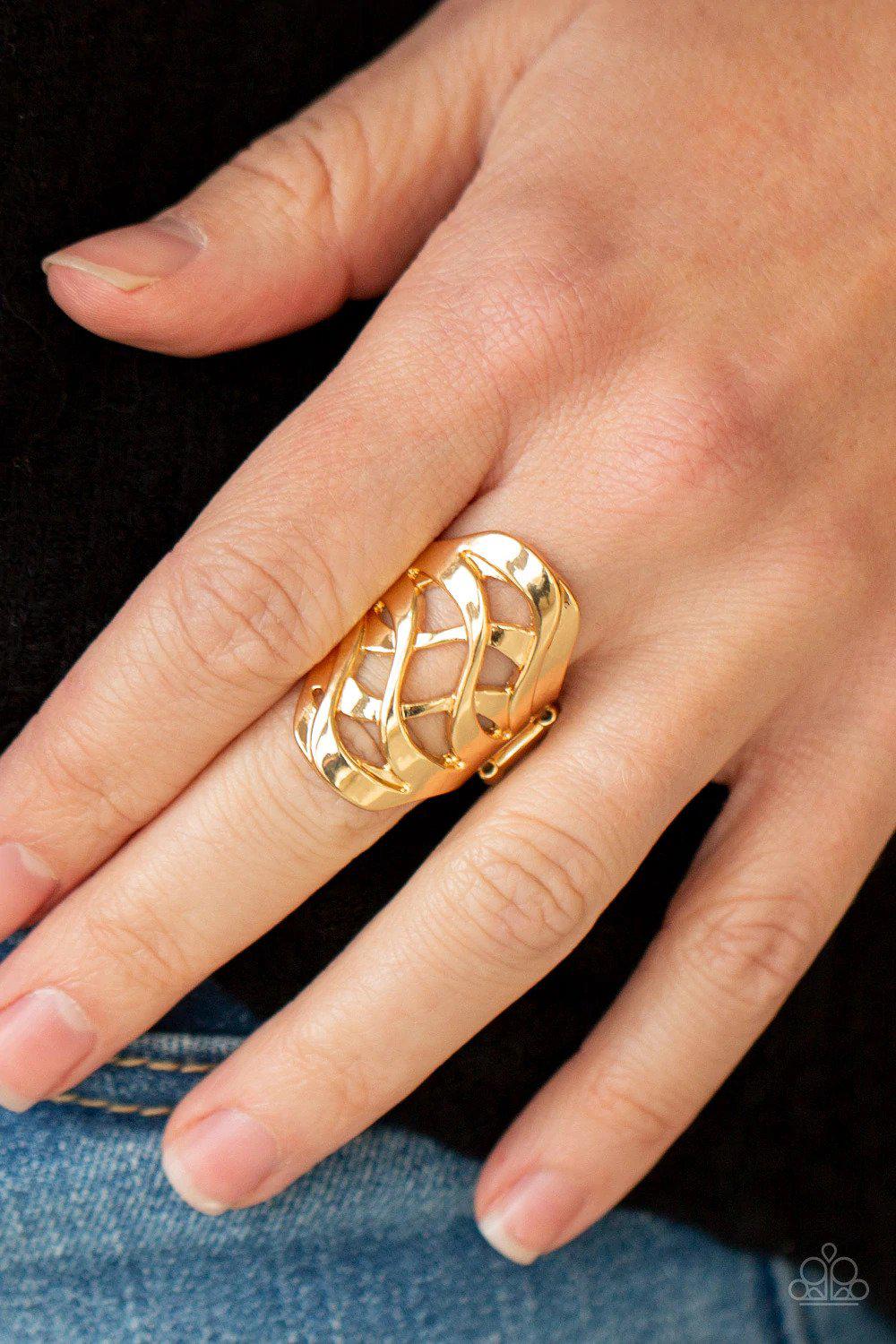 Open Fire Gold Ring - Paparazzi Accessories- on model - CarasShop.com - Paparazzi Jewelry by Cara Jewels