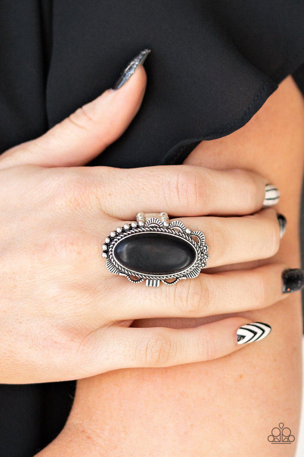 Open Range Black Stone and Silver Ring - Paparazzi Accessories- on model - CarasShop.com - Paparazzi Jewelry by Cara Jewels
