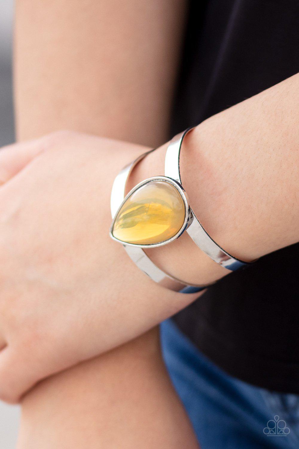 Optimal Opalescence Yellow Cuff Bracelet - Paparazzi Accessories- lightbox - CarasShop.com - Paparazzi Jewelry by Cara Jewels
