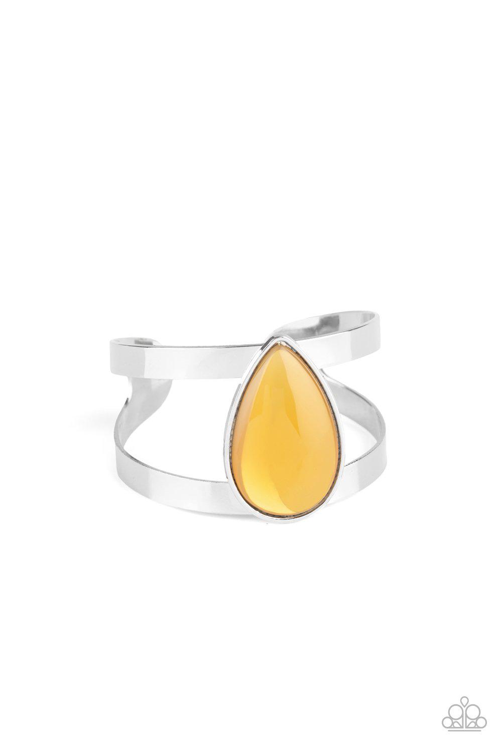 Optimal Opalescence Yellow Cuff Bracelet - Paparazzi Accessories- on model - CarasShop.com - Paparazzi Jewelry by Cara Jewels