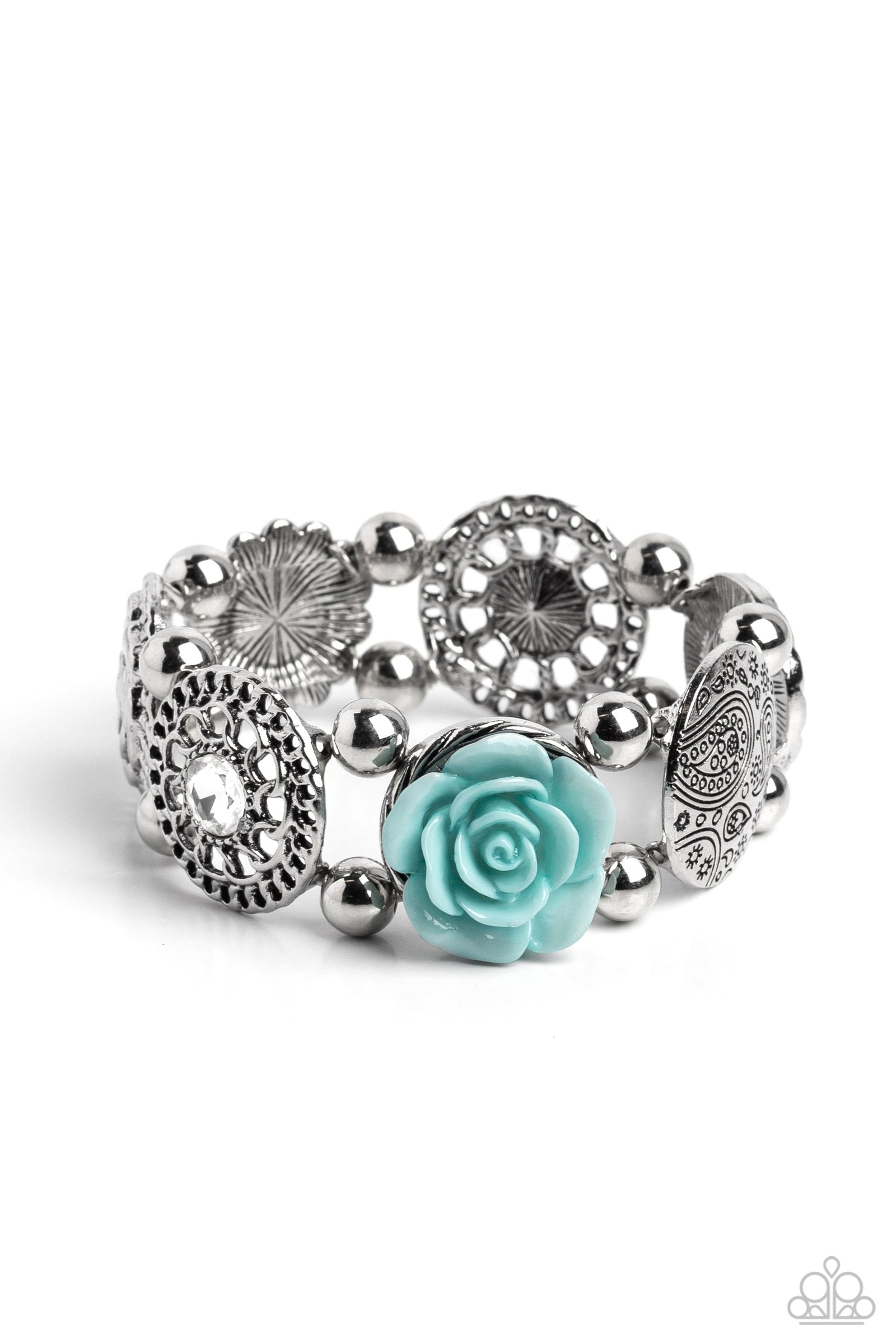 Optimistic Oasis Blue Rose Flower Bracelet - Paparazzi Accessories- lightbox - CarasShop.com - Paparazzi Jewelry by Cara Jewels