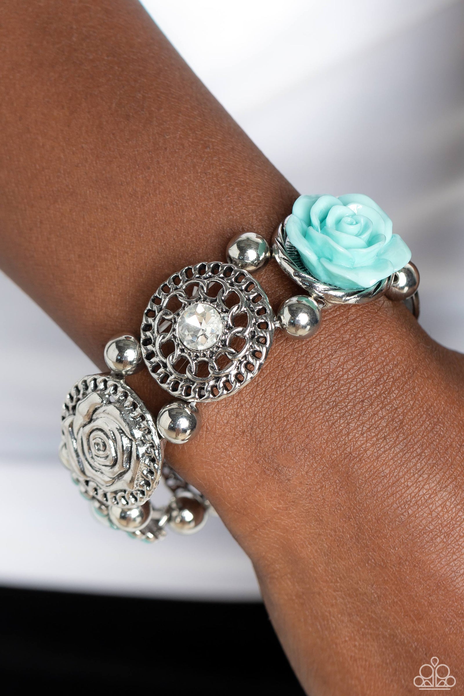 Optimistic Oasis Blue Rose Flower Bracelet - Paparazzi Accessories- lightbox - CarasShop.com - Paparazzi Jewelry by Cara Jewels