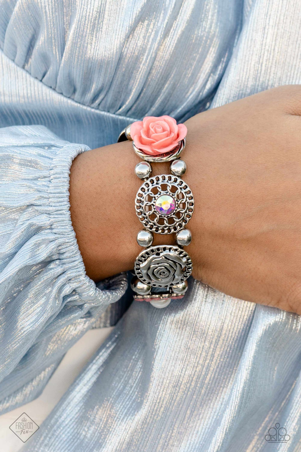 Optimistic Oasis Coral Orange Rose Bracelet - Paparazzi Accessories- on model - CarasShop.com - Paparazzi Jewelry by Cara Jewels