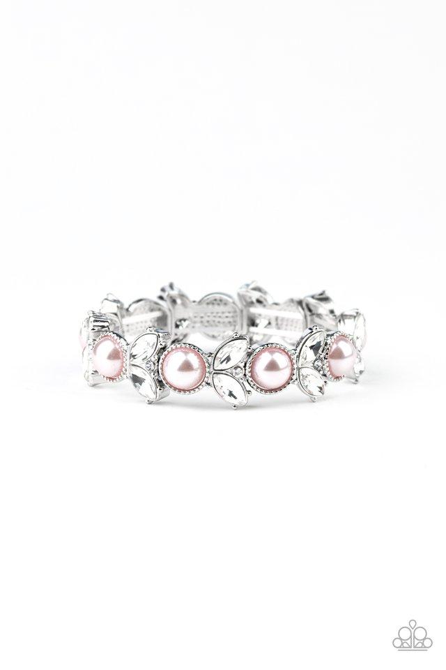 Opulent Oasis Pink Pearl and White Rhinestone Bracelet - Paparazzi Accessories- on model - CarasShop.com - Paparazzi Jewelry by Cara Jewels