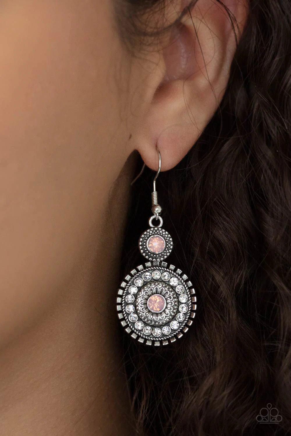 Opulent Outreach Pink Earrings - Paparazzi Accessories- on model - CarasShop.com - Paparazzi Jewelry by Cara Jewels
