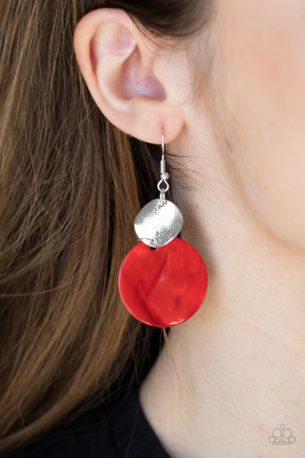 Opulently Oasis Red Shell-like Earrings - Paparazzi Accessories- on model - CarasShop.com - Paparazzi Jewelry by Cara Jewels