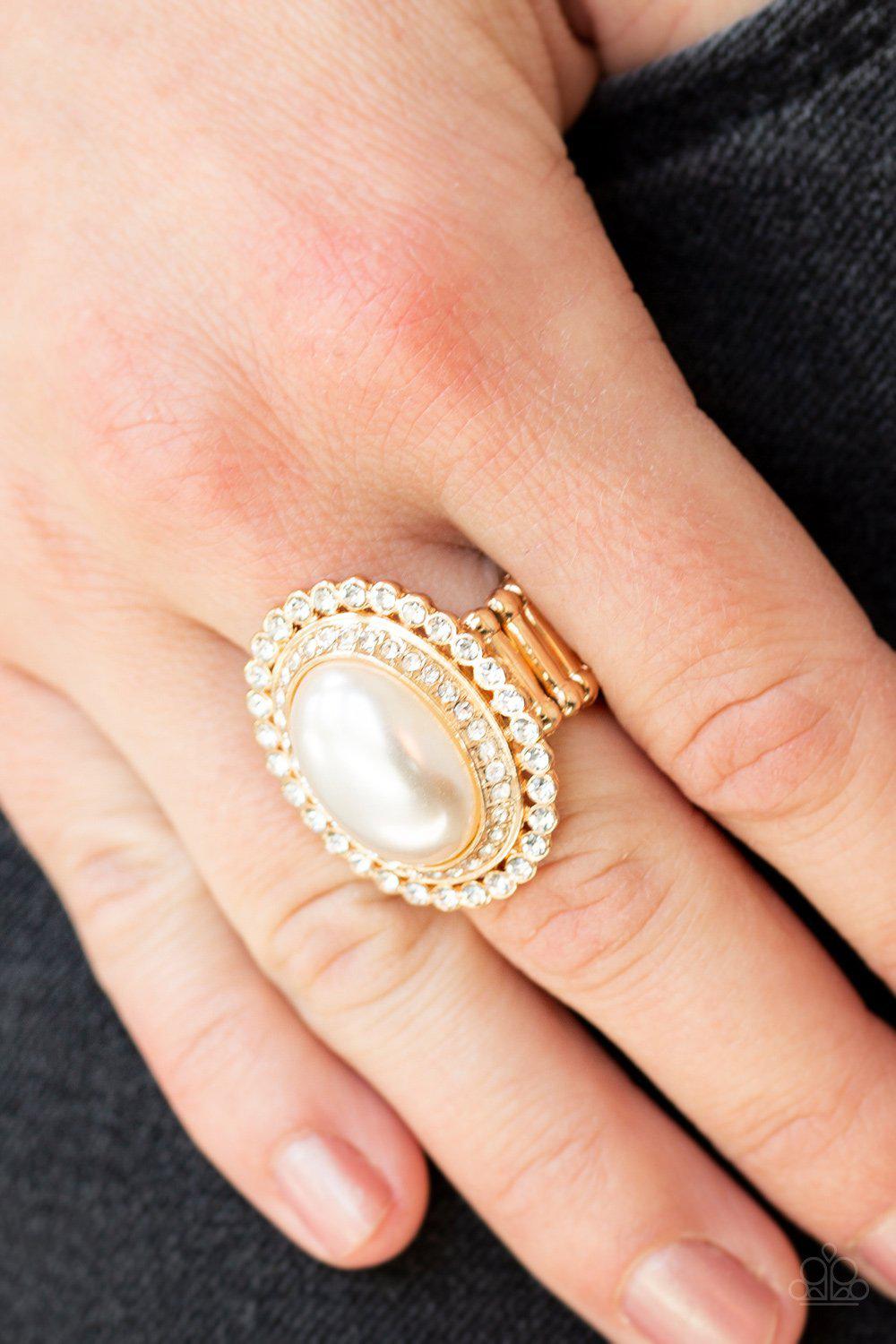 Opulently Olympian Gold and White Pearl Ring - Paparazzi Accessories- lightbox - CarasShop.com - Paparazzi Jewelry by Cara Jewels