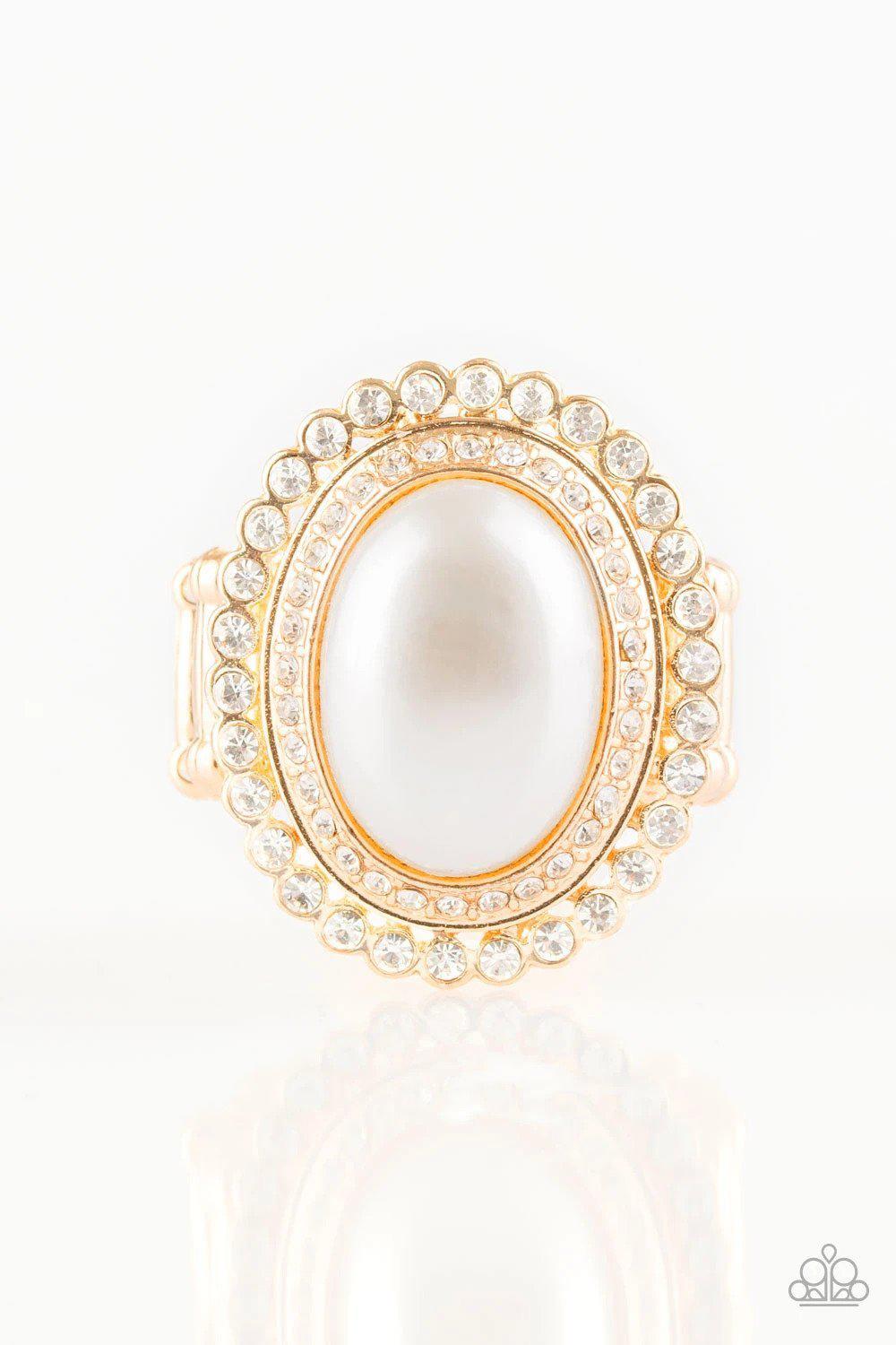 Opulently Olympian Gold and White Pearl Ring - Paparazzi Accessories- on model - CarasShop.com - Paparazzi Jewelry by Cara Jewels