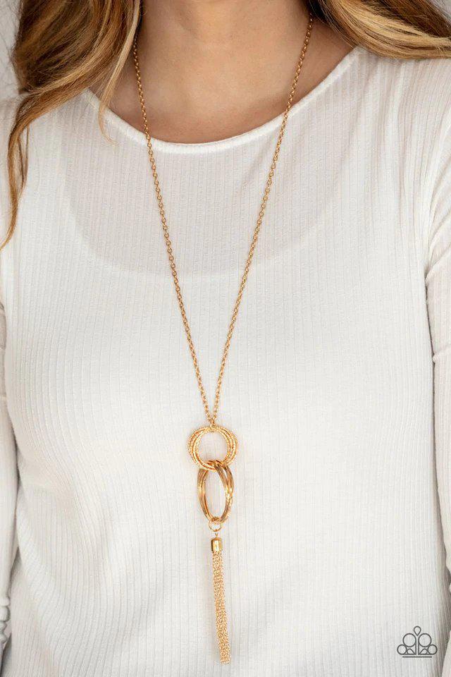 Orbiting Splendor Gold Necklace - Paparazzi Accessories- on model - CarasShop.com - Paparazzi Jewelry by Cara Jewels