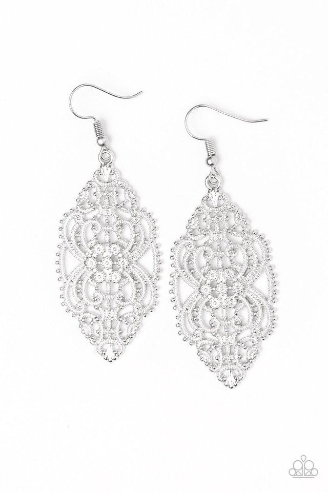 Ornately Ornate Silver Filigree Earrings - Paparazzi Accessories- on model - CarasShop.com - Paparazzi Jewelry by Cara Jewels
