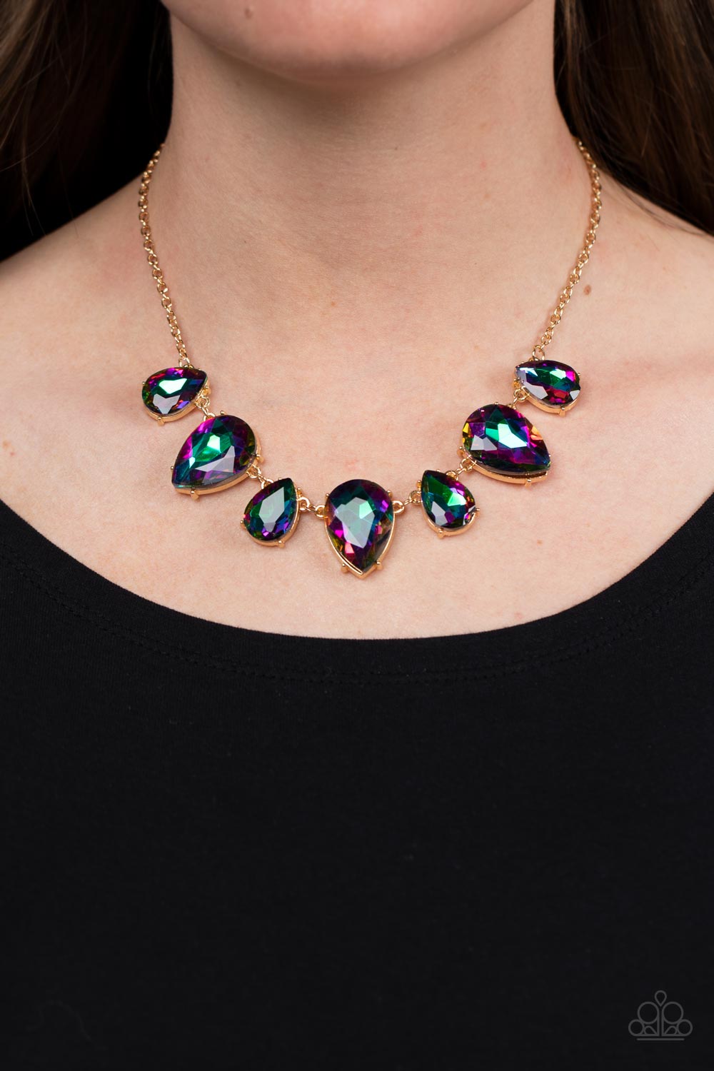 Otherworldly Opulence Gold & Oil Spill Rhinestone Necklace - Paparazzi Accessories- lightbox - CarasShop.com - Paparazzi Jewelry by Cara Jewels