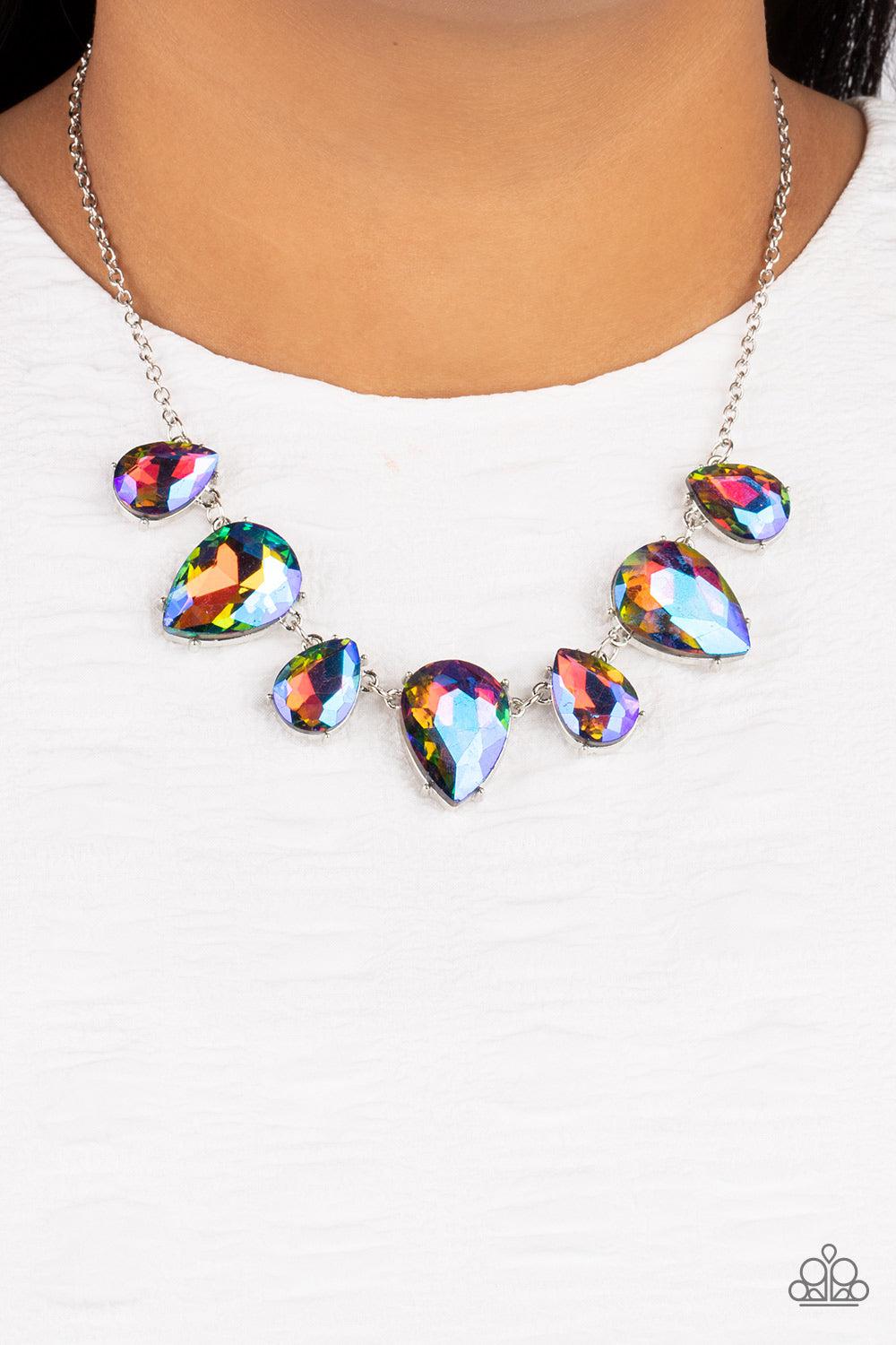 Otherworldly Opulence Multi Iridescent Blue Rhinestone Necklace - Paparazzi Accessories- on model - CarasShop.com - Paparazzi Jewelry by Cara Jewels