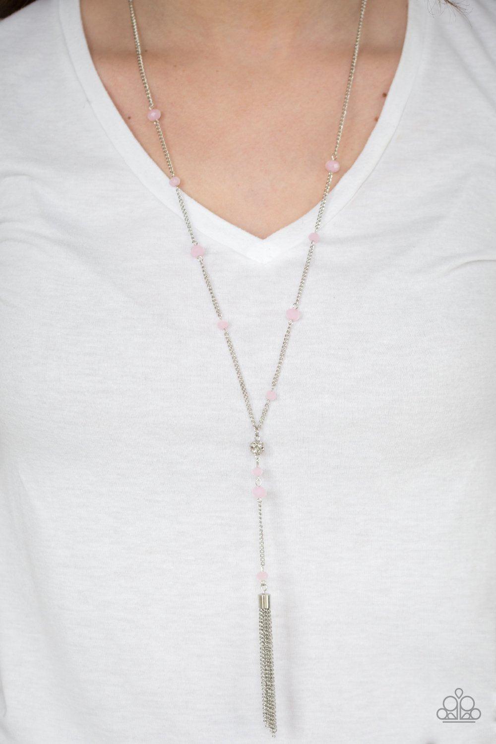 Out All Night Pink and Silver Tassel Necklace - Paparazzi Accessories- on model - CarasShop.com - Paparazzi Jewelry by Cara Jewels