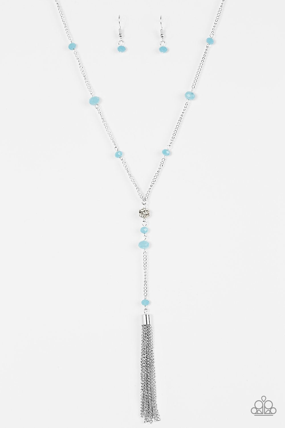Out All Night Silver and Blue Tassel Necklace - Paparazzi Accessories - free matching earrings -CarasShop.com - Paparazzi Jewelry by Cara Jewels