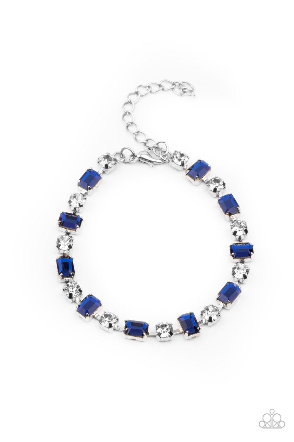 Out In Full FIERCE Blue and White Rhinestone Bracelet - Paparazzi Accessories- on model - CarasShop.com - Paparazzi Jewelry by Cara Jewels