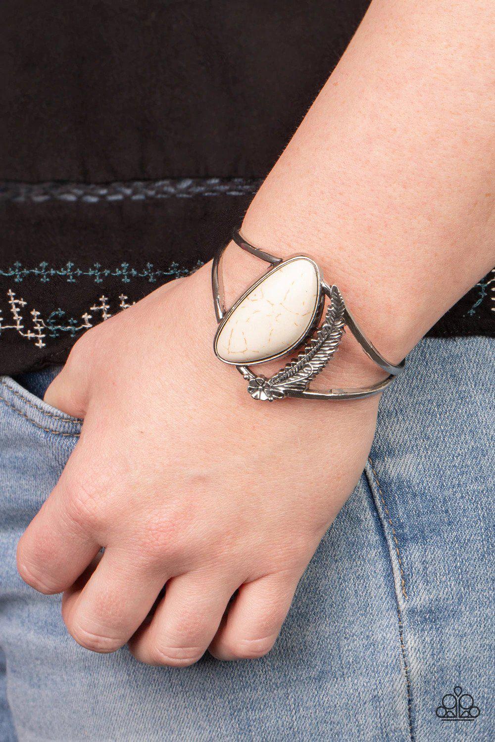 Out In The Wild White Stone Cuff Bracelet - Paparazzi Accessories- on model - CarasShop.com - Paparazzi Jewelry by Cara Jewels