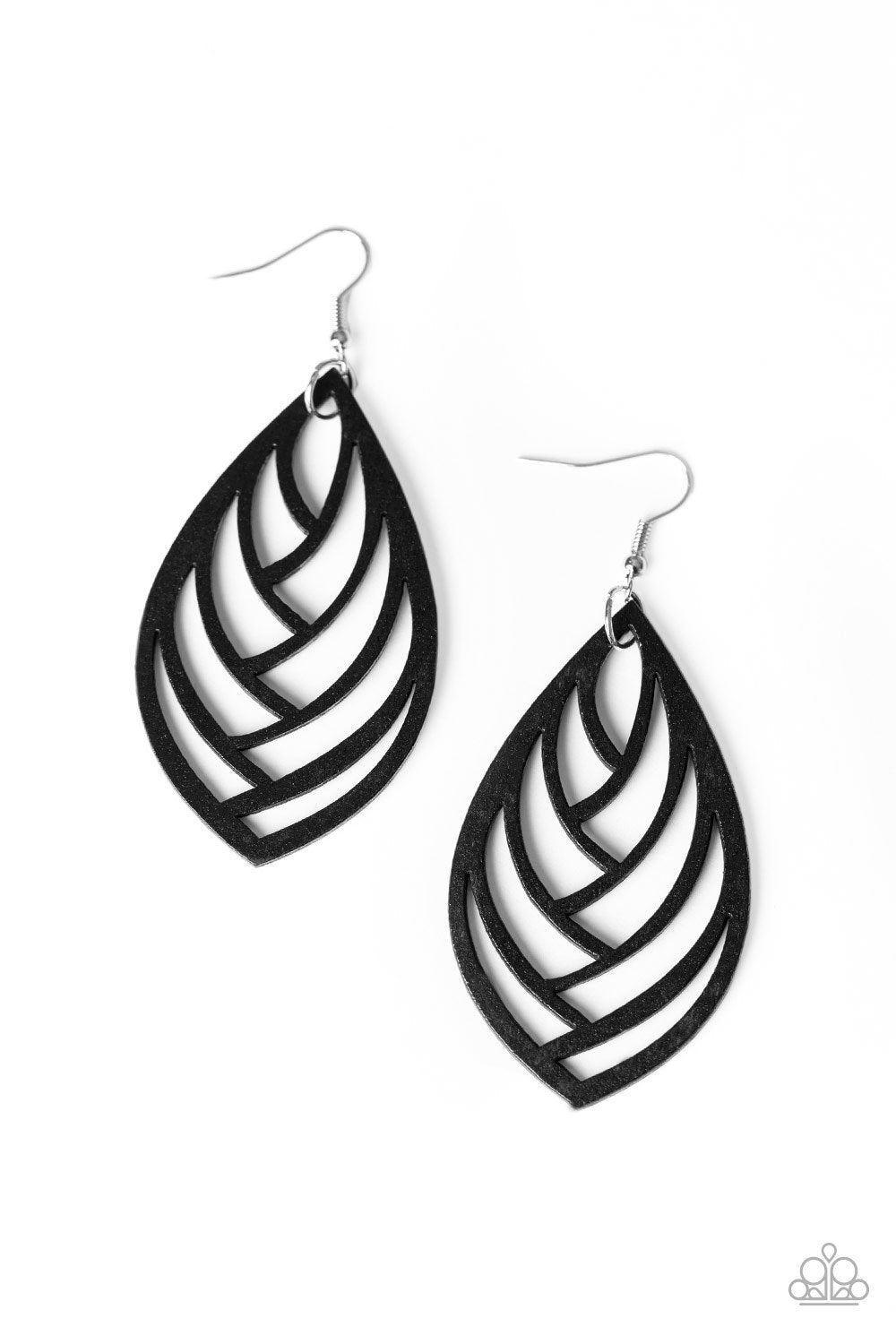 Out of the Woodwork Black Wood Leaf Earrings - Paparazzi Accessories- on model - CarasShop.com - Paparazzi Jewelry by Cara Jewels