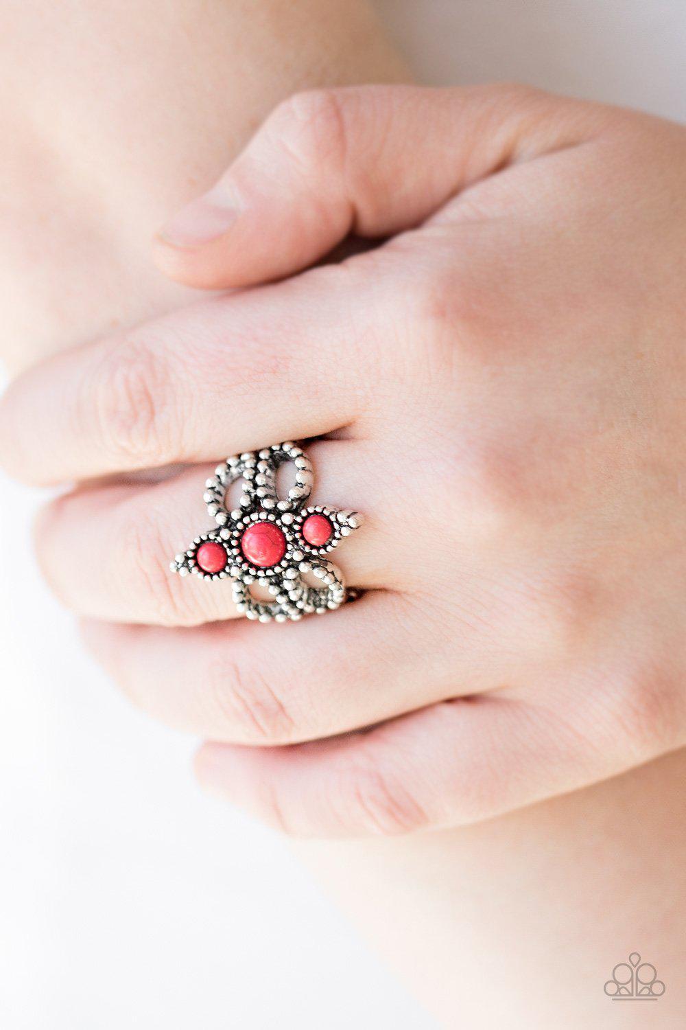 Outback Oasis Silver and Red Ring - Paparazzi Accessories- on model - CarasShop.com - Paparazzi Jewelry by Cara Jewels