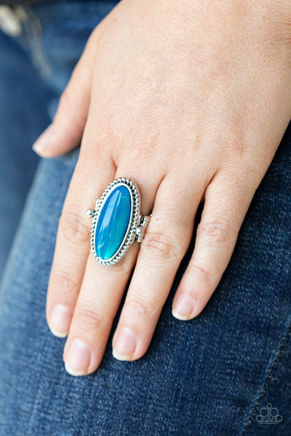 Oval Oasis Blue Iridescent Acrylic Ring - Paparazzi Accessories- on model - CarasShop.com - Paparazzi Jewelry by Cara Jewels