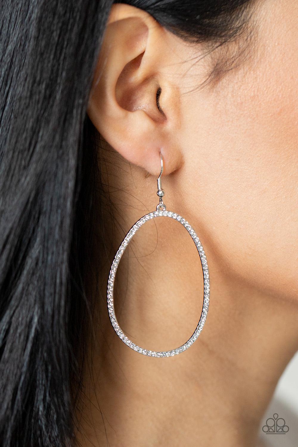 OVAL-ruled! White Earrings - Paparazzi Accessories- on model - CarasShop.com - Paparazzi Jewelry by Cara Jewels