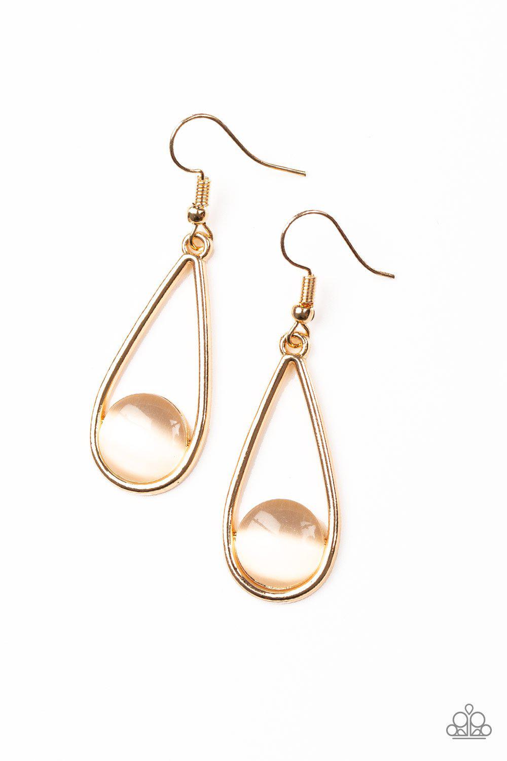 Over The Moon Gold Moonstone Earrings - Paparazzi Accessories- on model - CarasShop.com - Paparazzi Jewelry by Cara Jewels