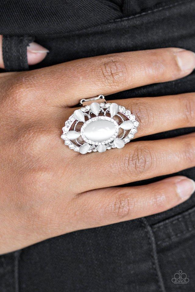 Over The Moonflower White Moonstone Ring - Paparazzi Accessories- lightbox - CarasShop.com - Paparazzi Jewelry by Cara Jewels
