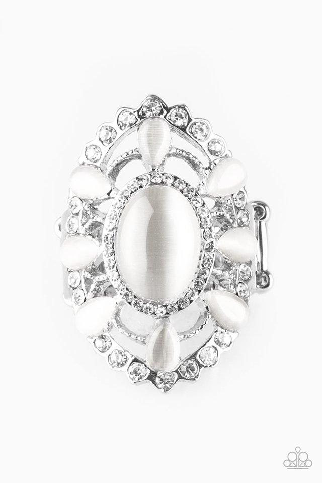 Over The Moonflower White Moonstone Ring - Paparazzi Accessories- on model - CarasShop.com - Paparazzi Jewelry by Cara Jewels