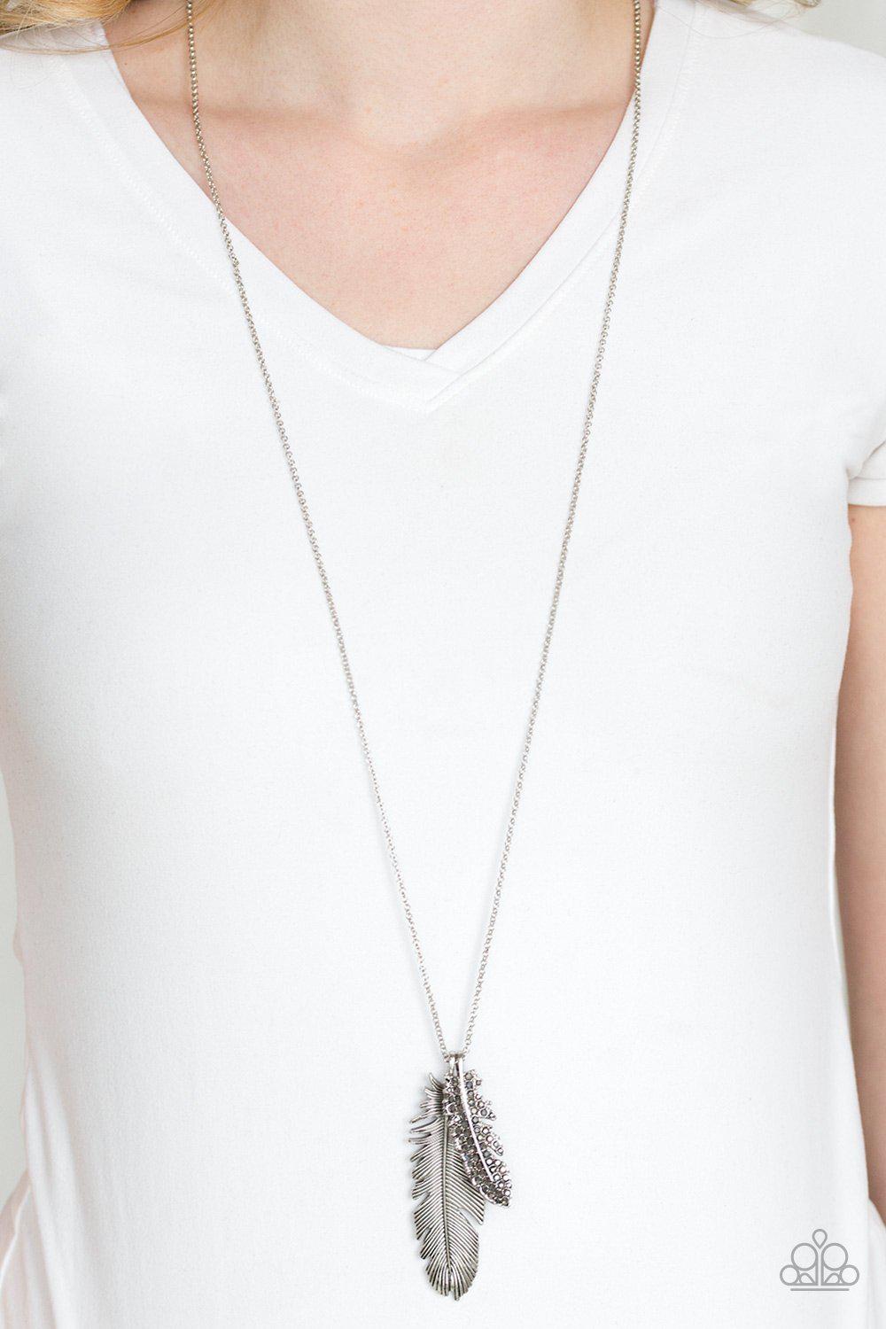 Own Free Quill Silver Feather Necklace and matching Earrings - Paparazzi Accessories- lightbox - CarasShop.com - Paparazzi Jewelry by Cara Jewels