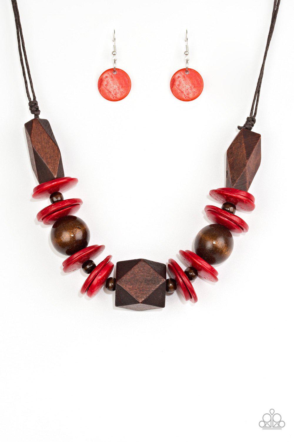 Pacific Paradise Red and Brown Wood Necklace - Paparazzi Accessories- lightbox - CarasShop.com - Paparazzi Jewelry by Cara Jewels
