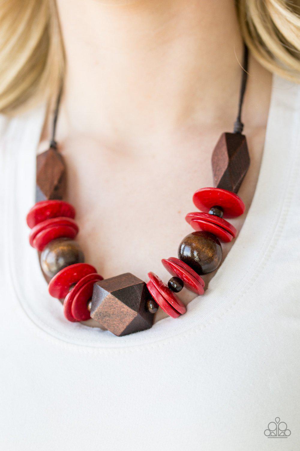 Pacific Paradise Red and Brown Wood Necklace - Paparazzi Accessories- on model - CarasShop.com - Paparazzi Jewelry by Cara Jewels