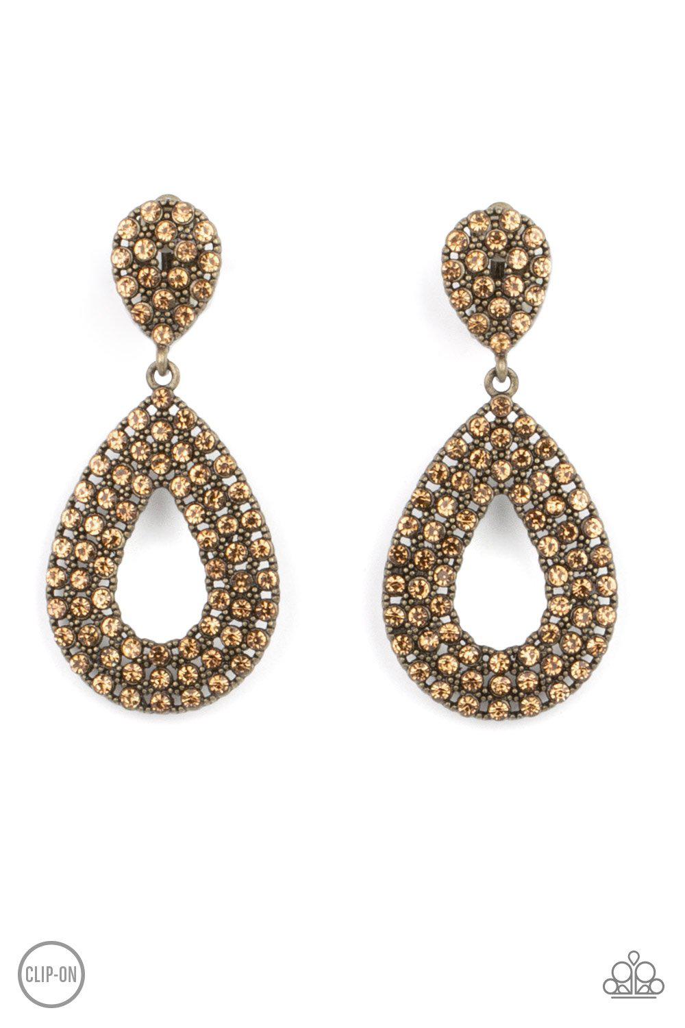 Pack In The Pizzazz Brass Rhinestone Clip-On Earrings - Paparazzi Accessories- lightbox - CarasShop.com - Paparazzi Jewelry by Cara Jewels