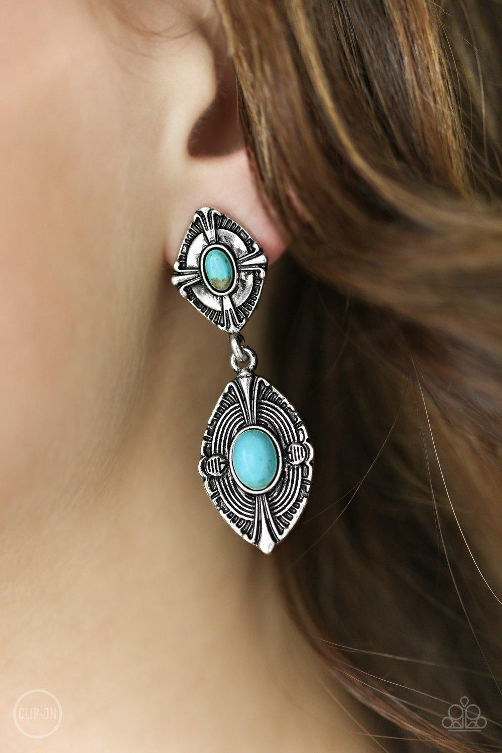 Painted Peaks Turquoise Blue Stone Clip-on Earrings - Paparazzi Accessories- on model - CarasShop.com - Paparazzi Jewelry by Cara Jewels