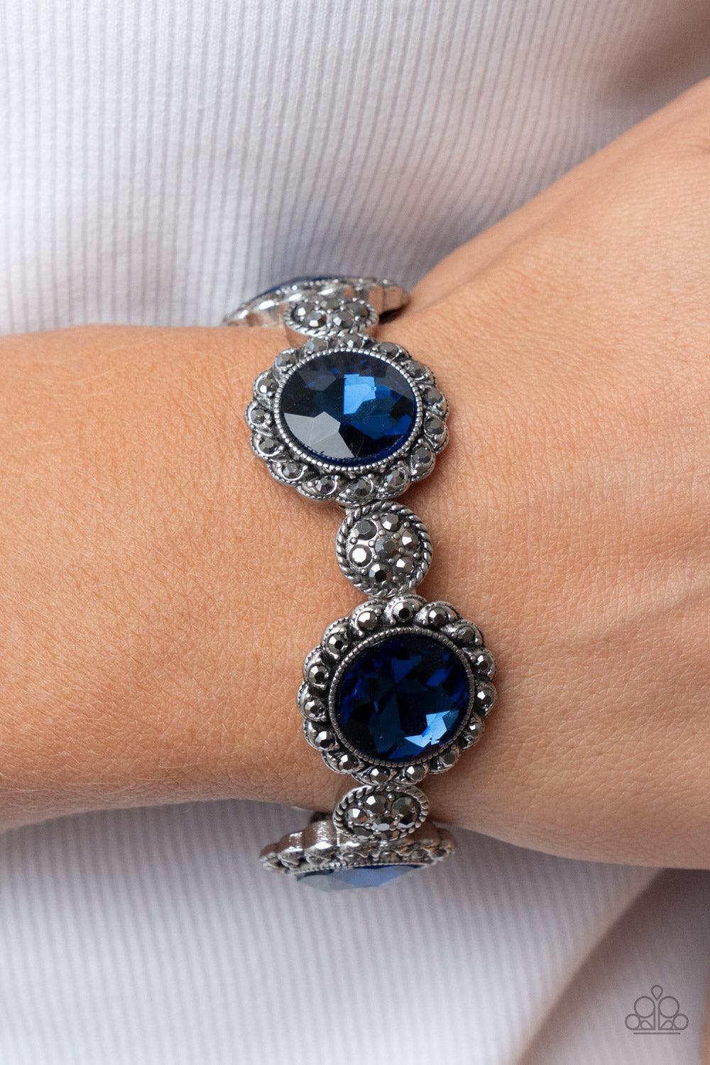 Palace Property Blue Rhinestone Bracelet - Paparazzi Accessories- on model - CarasShop.com - Paparazzi Jewelry by Cara Jewels