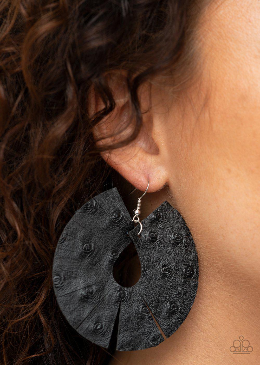 Palm Islands Black Leather Earrings - Paparazzi Accessories- lightbox - CarasShop.com - Paparazzi Jewelry by Cara Jewels