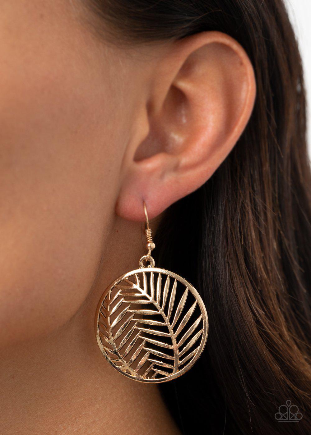 Palm Perfection Gold Earrings - Paparazzi Accessories- on model - CarasShop.com - Paparazzi Jewelry by Cara Jewels