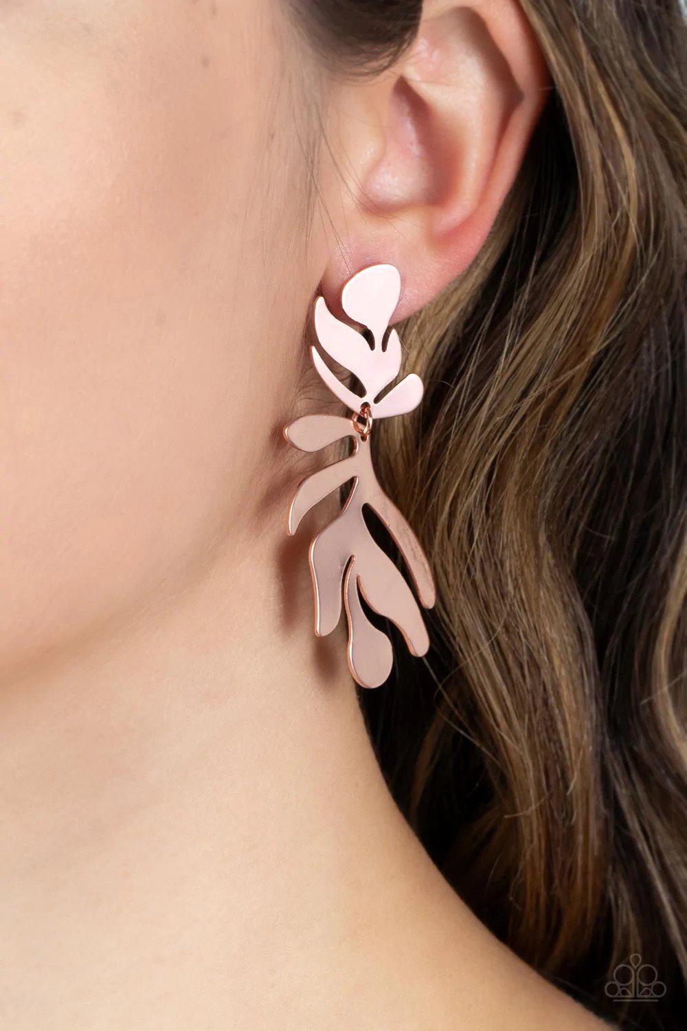 Palm Picnic Copper Earrings - Paparazzi Accessories- on model - CarasShop.com - Paparazzi Jewelry by Cara Jewels