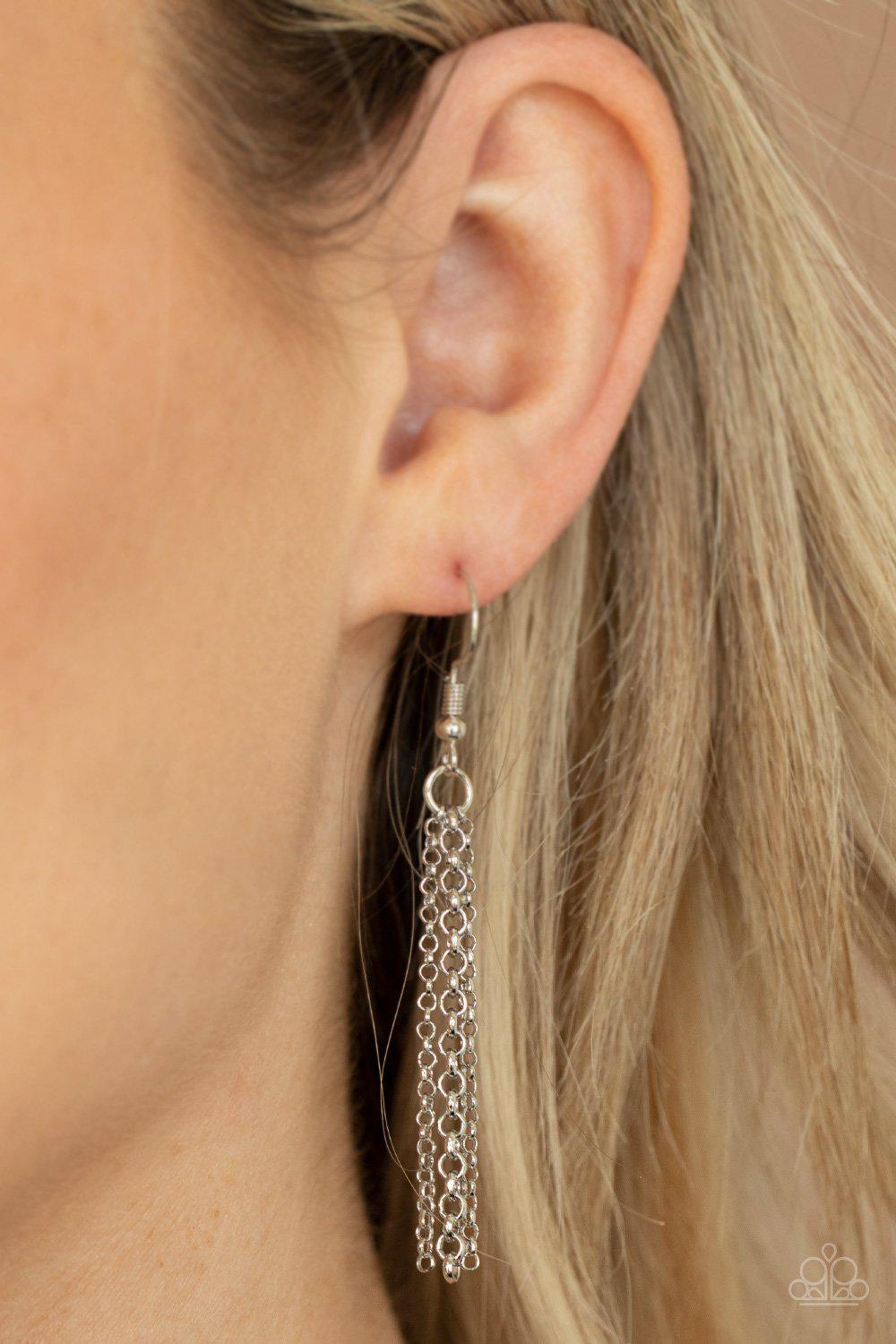 Palm Promenade Silver Palm Leaf Lanyard Necklace - Paparazzi Accessories - free matching earrings -CarasShop.com - Paparazzi Jewelry by Cara Jewels