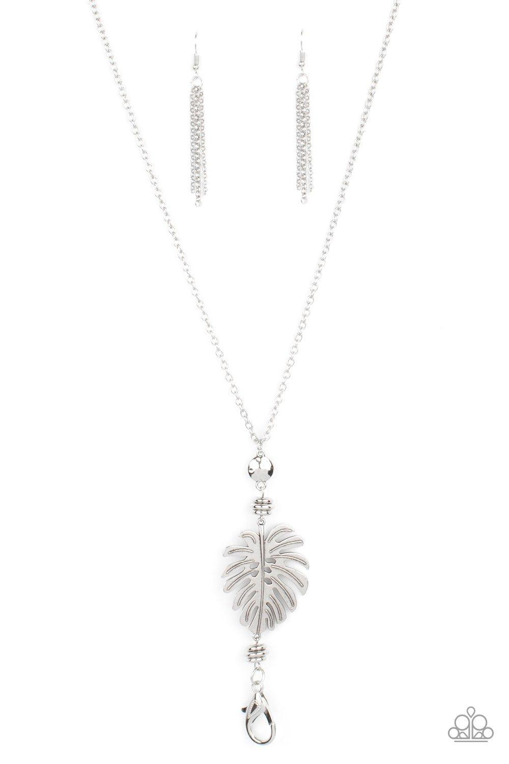 Palm Promenade Silver Palm Leaf Lanyard Necklace - Paparazzi Accessories- lightbox - CarasShop.com - Paparazzi Jewelry by Cara Jewels