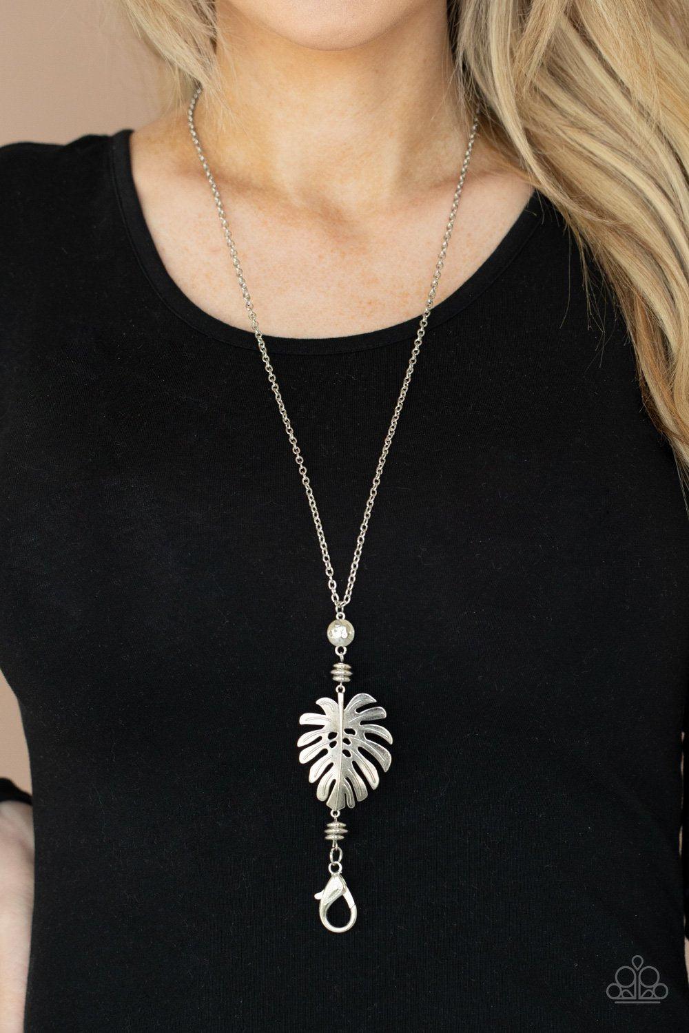 Palm Promenade Silver Palm Leaf Lanyard Necklace - Paparazzi Accessories- on model - CarasShop.com - Paparazzi Jewelry by Cara Jewels