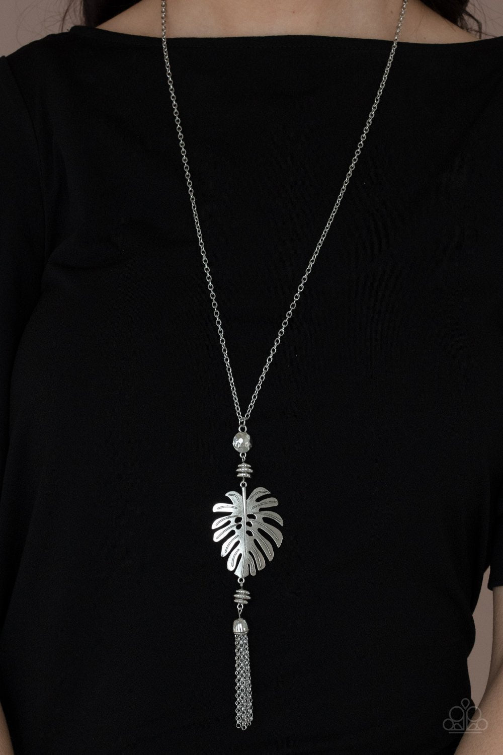 Palm Promenade Silver Palm Leaf Tassel Necklace - Paparazzi Accessories- lightbox - CarasShop.com - Paparazzi Jewelry by Cara Jewels