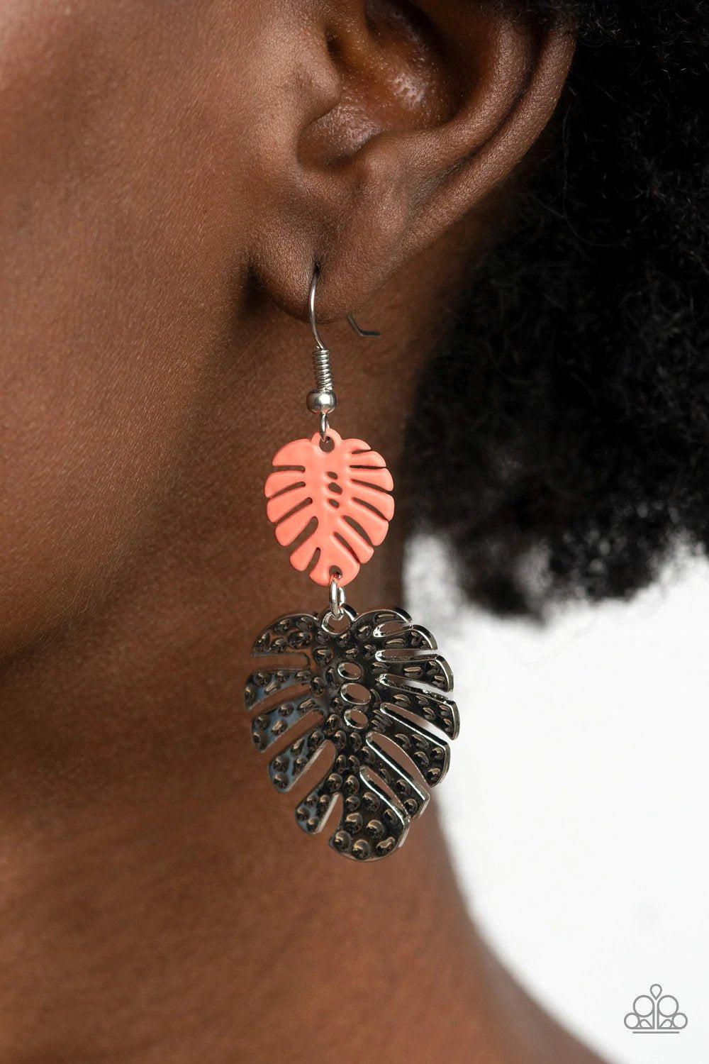Palm Tree Cabana Orange Earrings - Paparazzi Accessories- on model - CarasShop.com - Paparazzi Jewelry by Cara Jewels